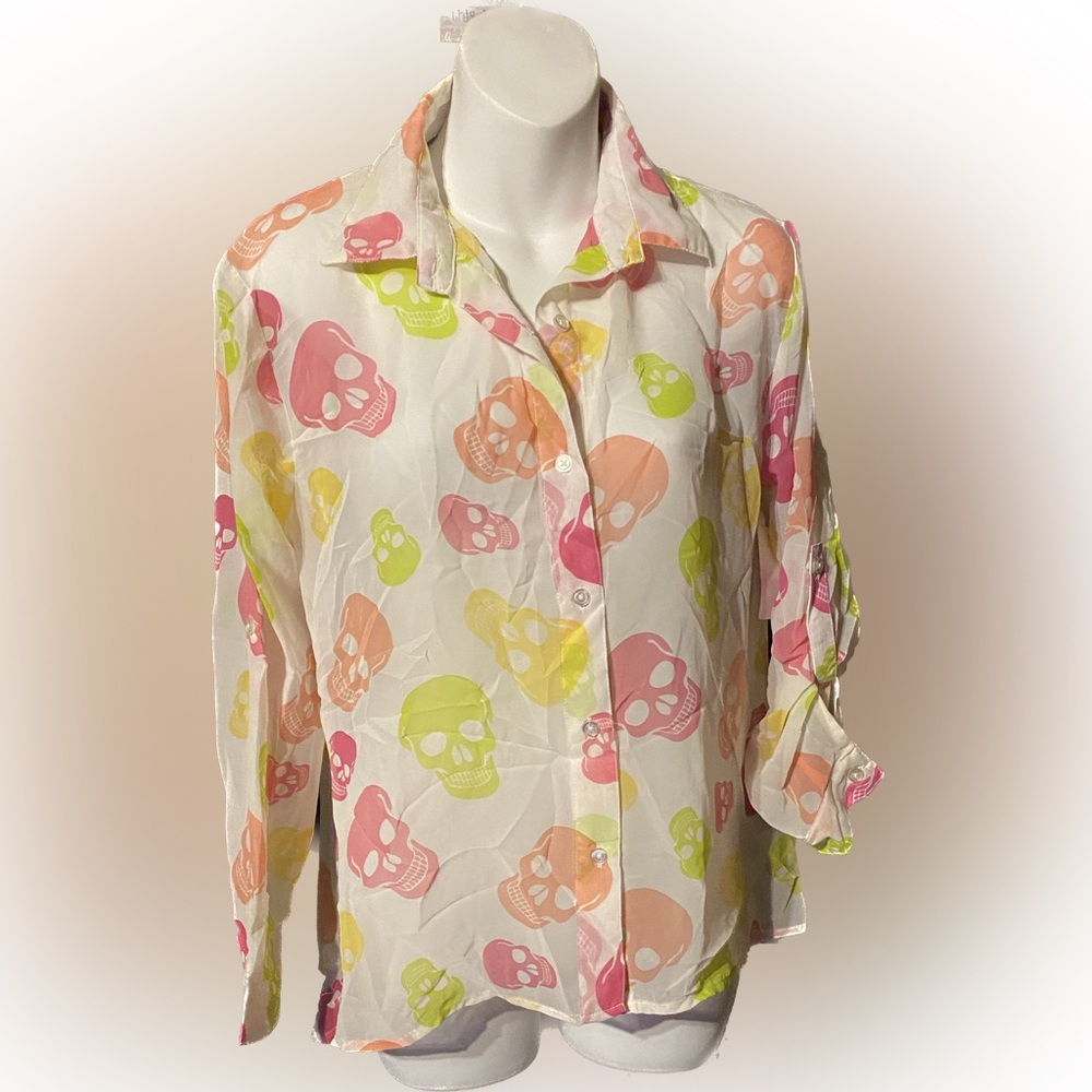 Derek Heart Skull Head Long Sleeve Button-Up Blouse